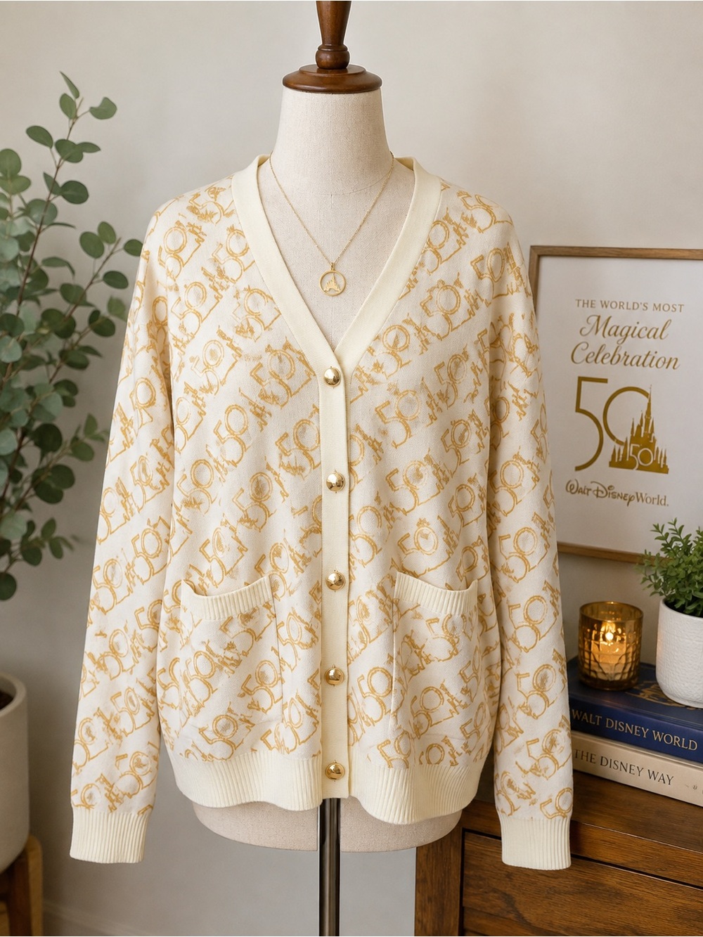 Disney Cream & Gold V-Neck Cardigan with Castle Motif 50th Anniversary